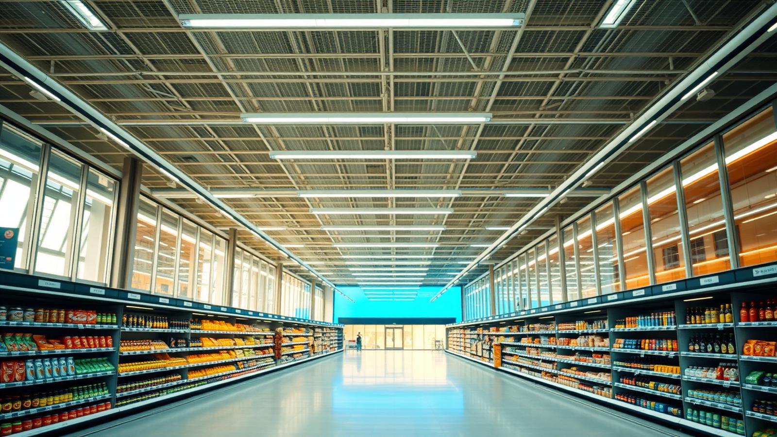 Overhead LED lighting rows illuminating clean aisles inside a modern British supermarket