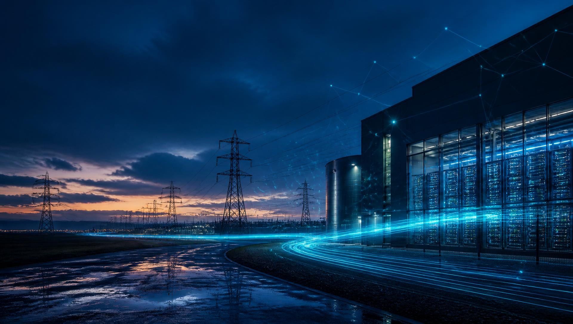 UK data centre at dusk with transmission pylons and glowing data-flow light trails representing the intersection of AI, energy and cyber security