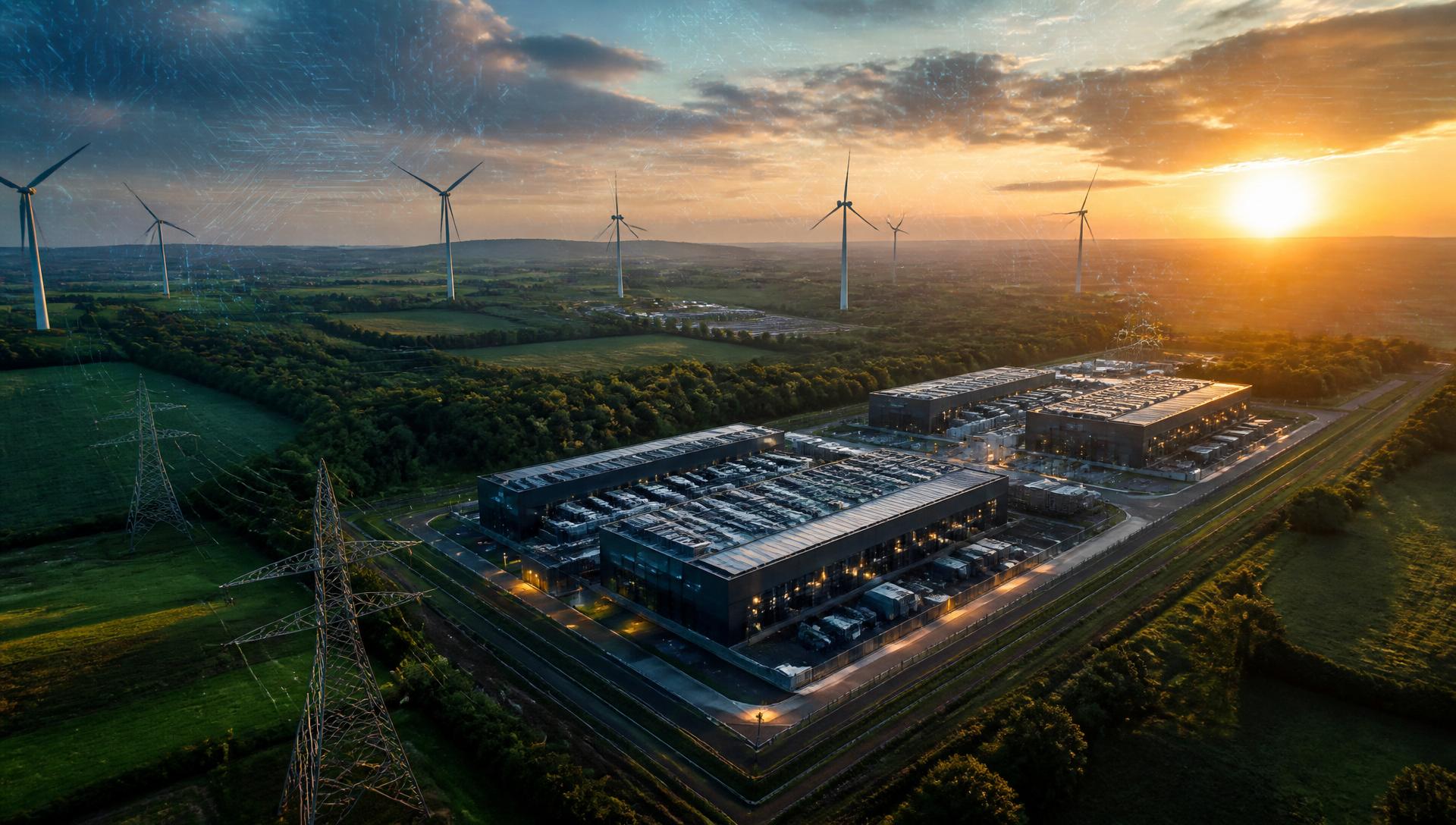 Aerial view of a UK data centre with wind turbines and electricity pylons at sunset, illustrating UK AI tools and Britain's energy infrastructure