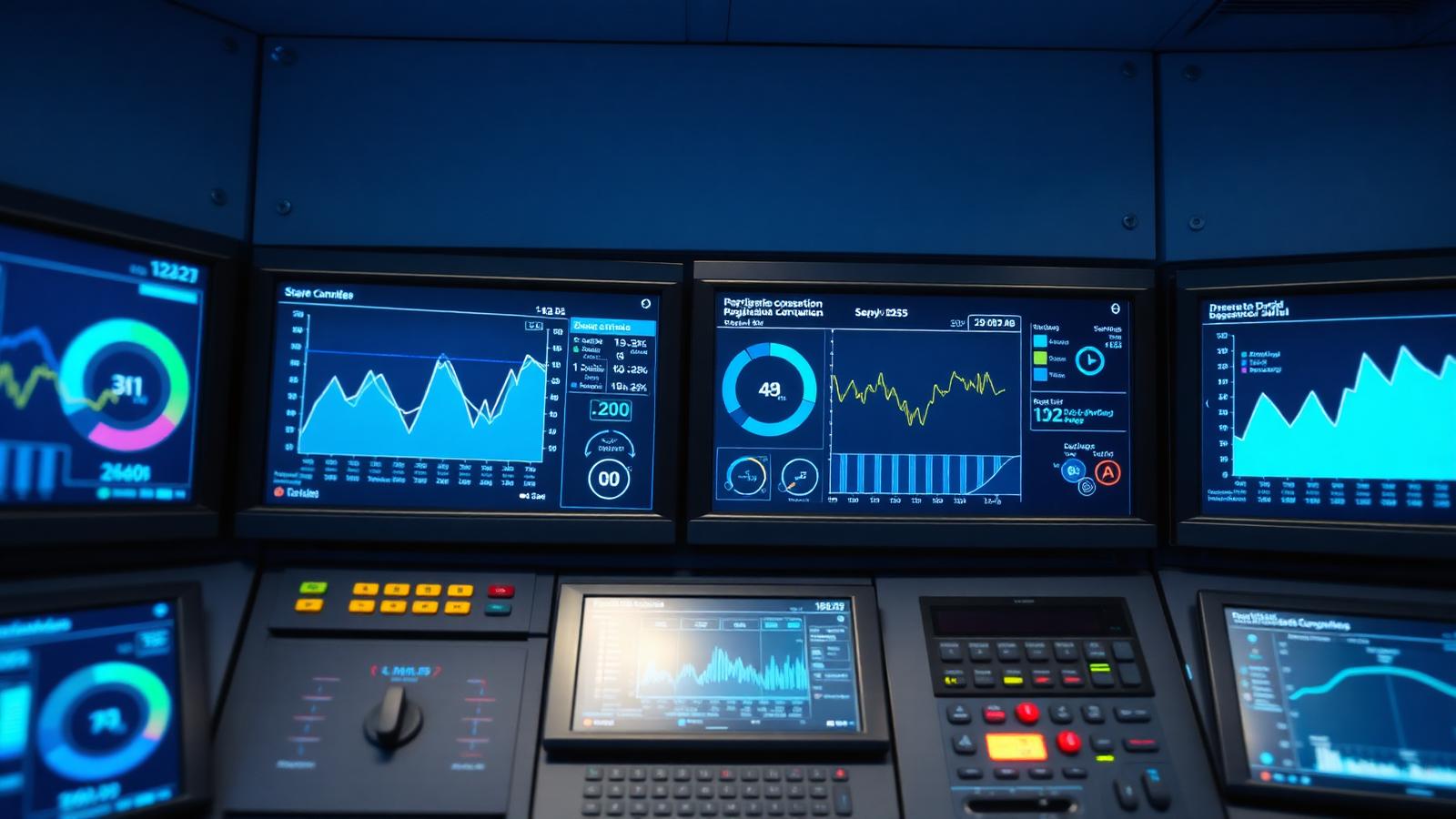 Energy-management control room dashboards displaying refrigeration, temperature and electricity consumption data for a supermarket estate