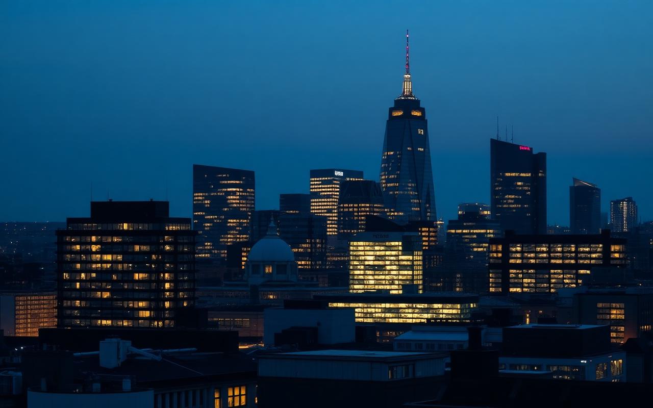 London office district skyline at blue hour