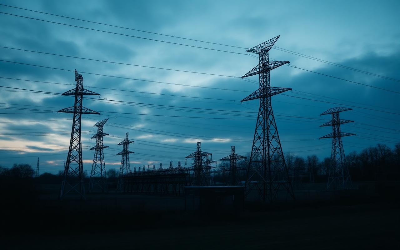 UK electricity transmission pylons and a substation at dusk