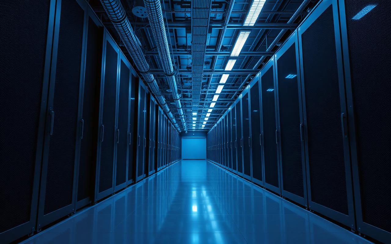Server hall aisle inside a modern data centre with cooling ductwork overhead